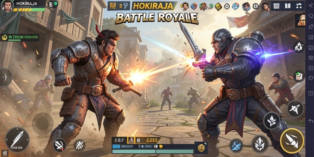 Gameplay HOKIRAJA menampilkan aksi seru dengan berbagai karakter dan senjata.