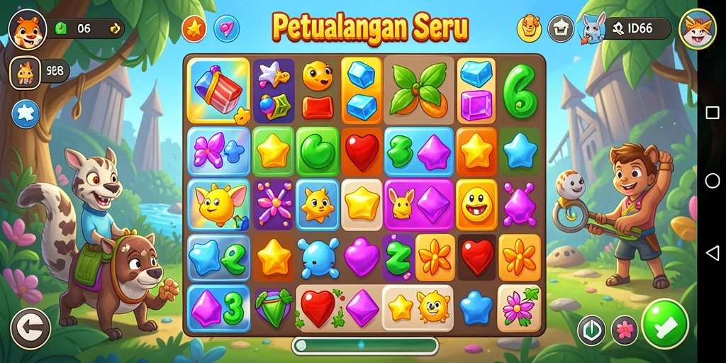 Tangkapan layar gameplay ID66 menampilkan aksi mencocokkan permata yang seru.