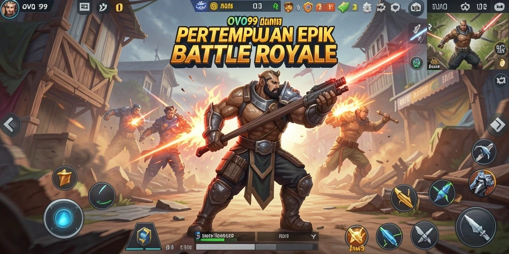 Screenshot utama OVO99 menampilkan aksi intens dalam pertempuran Battle Royale.